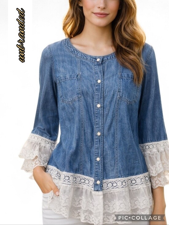 Unbranded Tops - Unbranded denim jacket top blouse with lace trim front buttons 2 pockets sz lrg